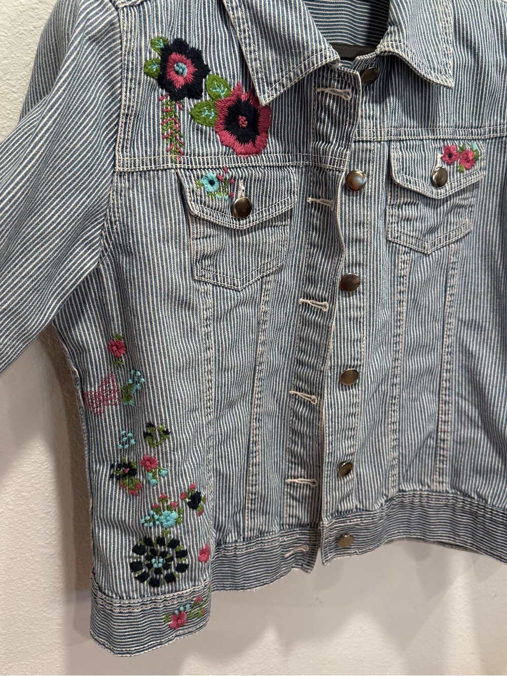 Cottagecore Embroidered Railroad Stripe Denim Jacket Floral Prairie Jacket Size - Picture 4 of 12